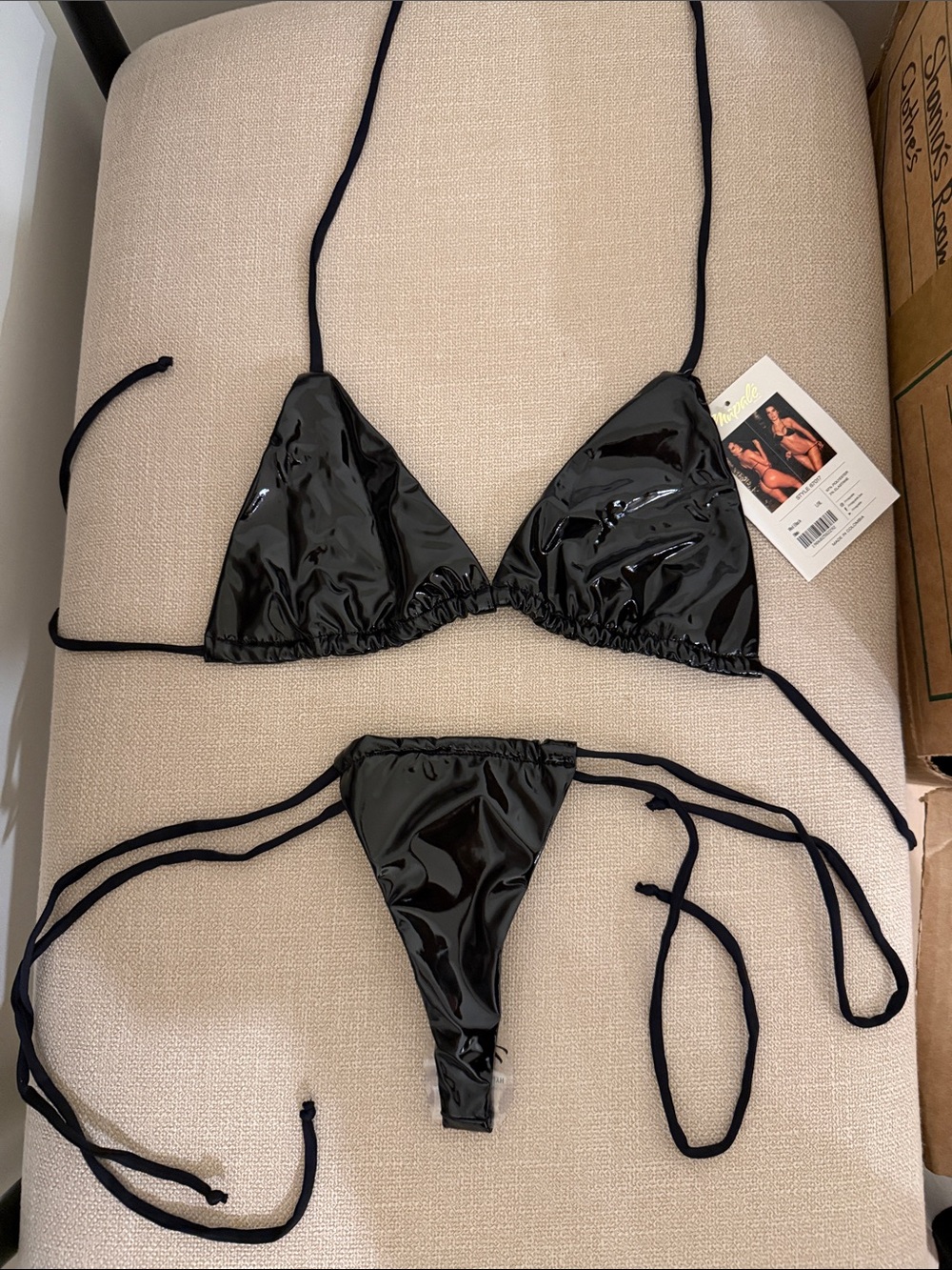Glossy Black String Triangle Bikini Set - Picture 1 of 5